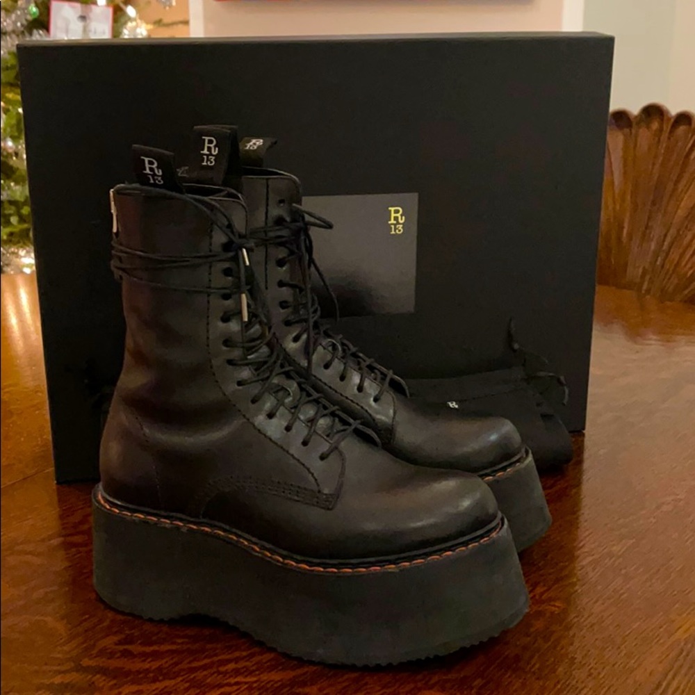 R13 X Double Stack Platform Black Leather Boot